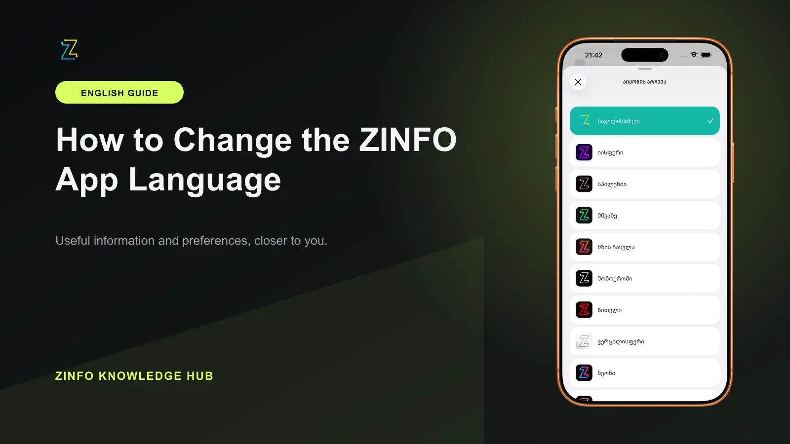 ZINFO app icon selection screen inside an iPhone frame beside a guide to changing the app interface language