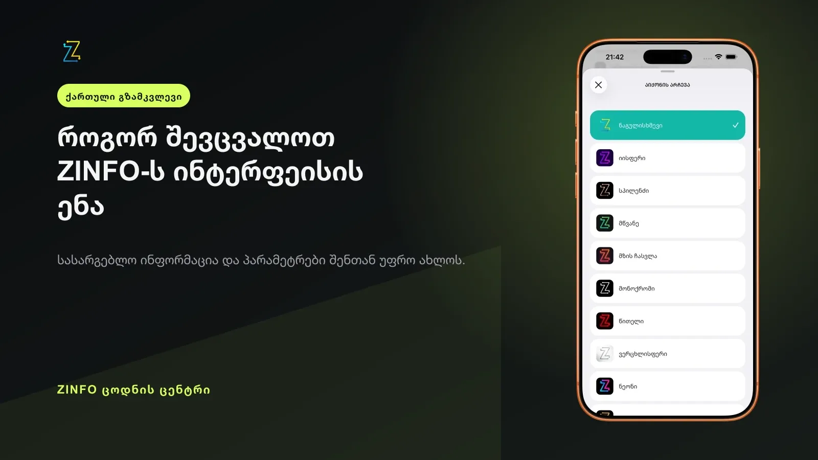 ZINFO-ს აიქონის არჩევის ეკრანი iPhone-ის ჩარჩოში, ინტერფეისის ენის შეცვლის გზამკვლევის სათაურის გვერდით