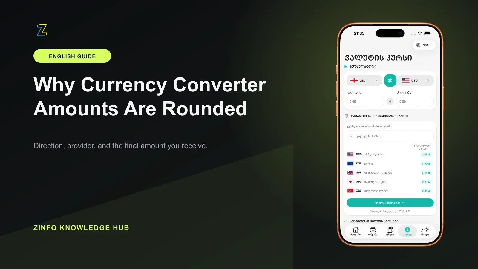 ZINFO currency rates screen inside an iPhone frame beside the guide title about rounding converted amounts