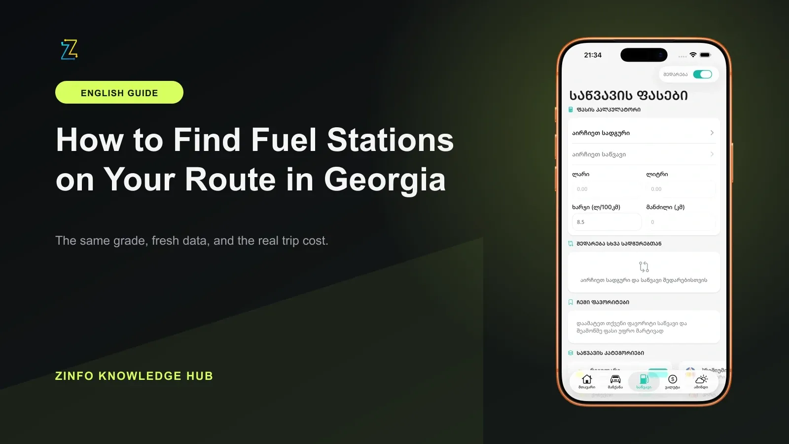 ZINFO fuel prices and calculator screen beside a guide to choosing a fuel stop