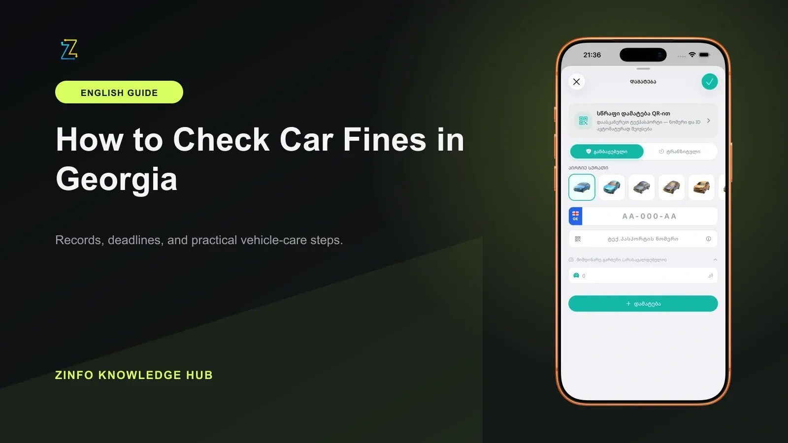 ZINFO vehicle profile screen beside a practical guide to checking and verifying car fines in Georgia