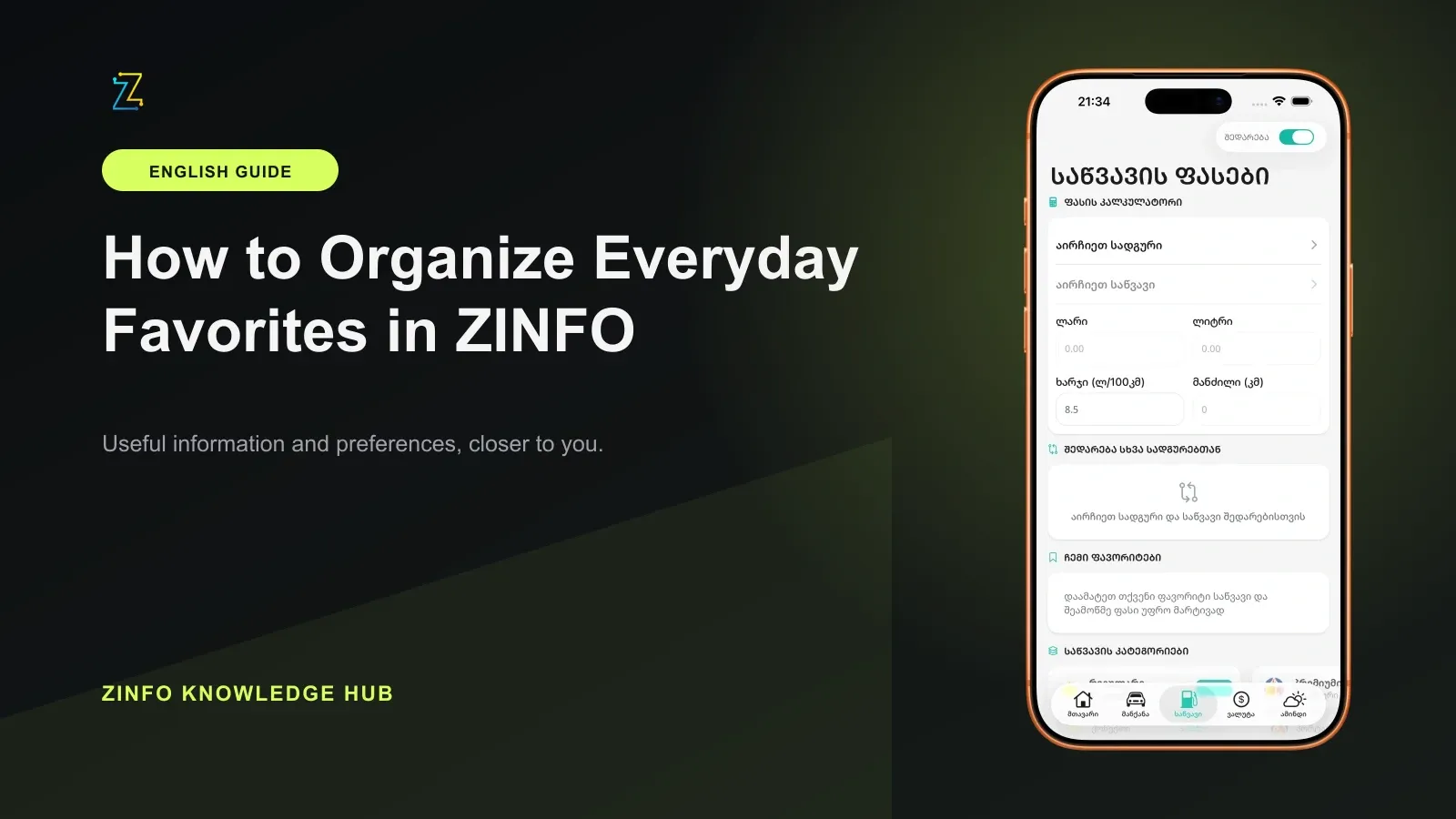 ZINFO fuel screen showing an empty favorites area inside an iPhone frame beside the everyday favorites guide