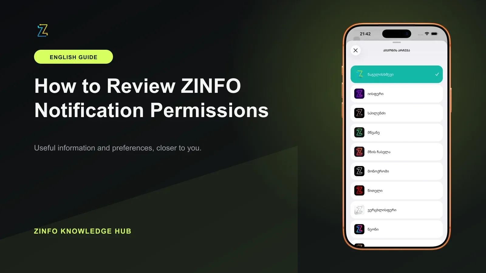 ZINFO app icon selection screen inside an iPhone frame beside a guide to reviewing notification permissions
