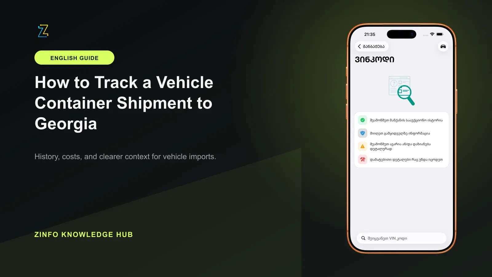 ZINFO VIN research screen beside a practical process for tracking a vehicle container shipment and planning its arrival in Georgia