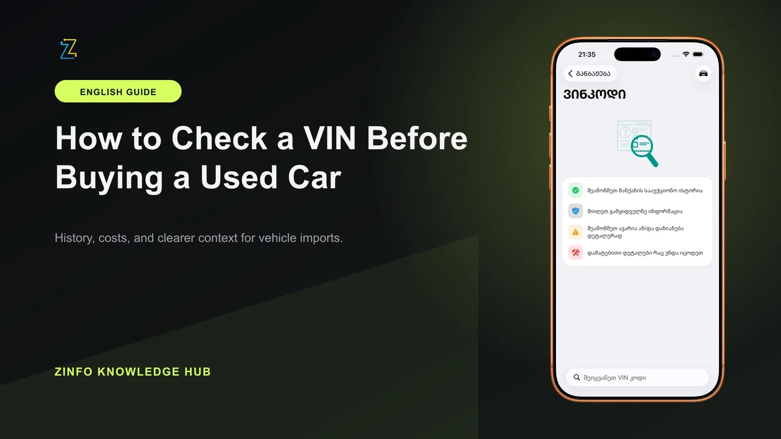 ZINFO VIN check screen beside a practical checklist for verifying a used vehicle's identity and available history