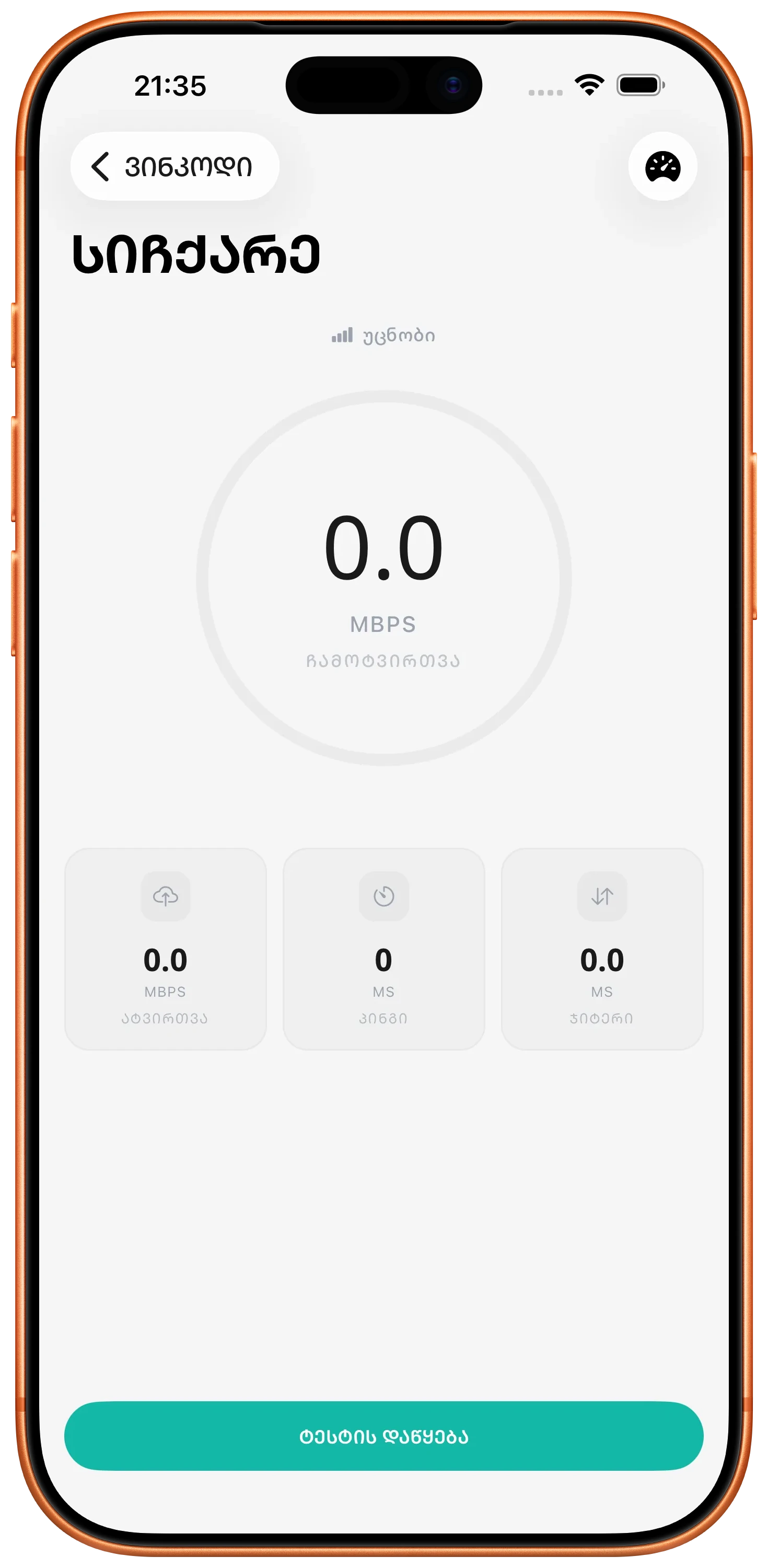 Internet speed test screen in the ZINFO app