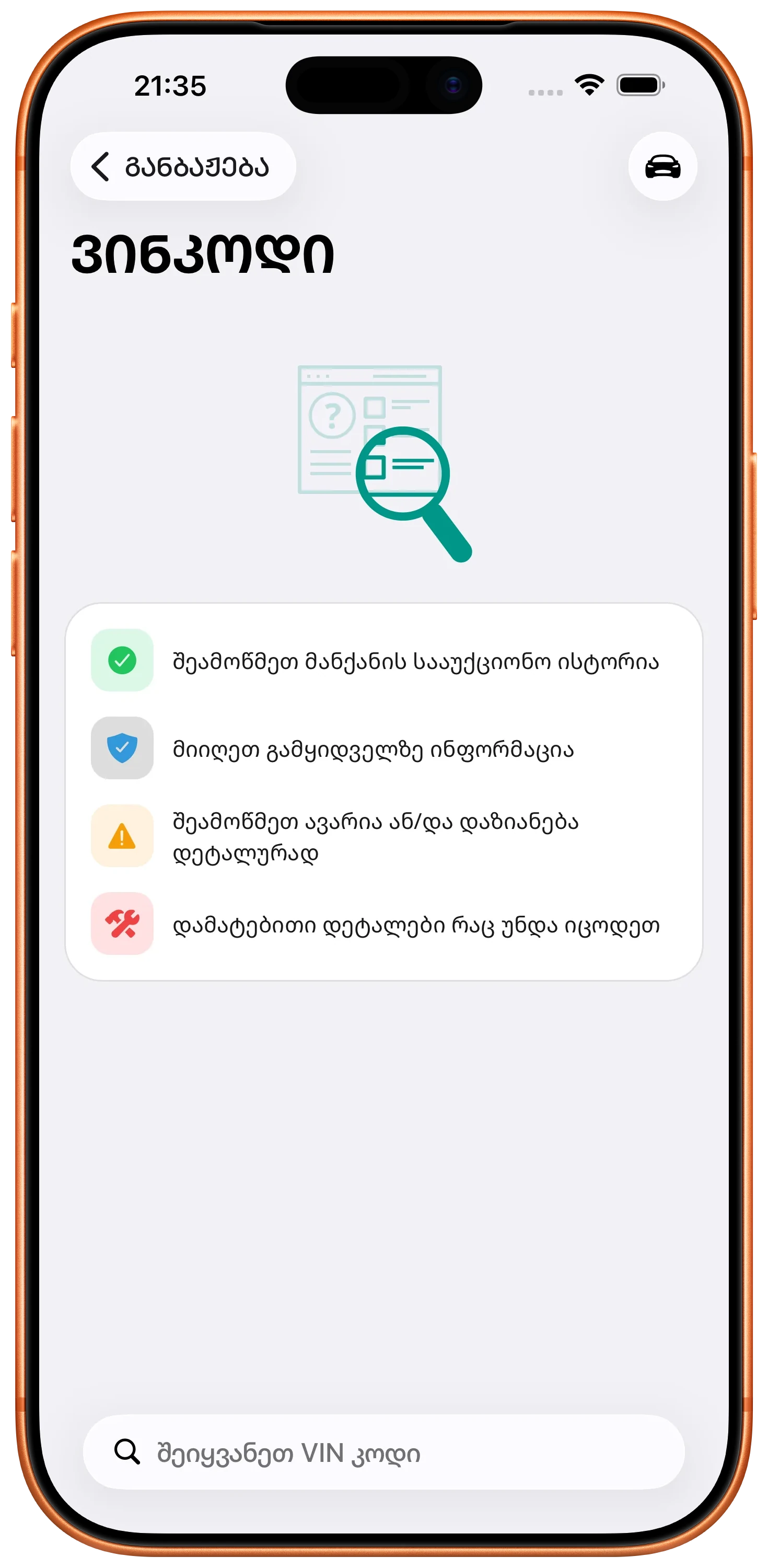 VIN check screen in the ZINFO app